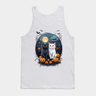 "Harmonious Halloween: Cat Lovers Under the Big Full Moon with Black and White Couple Cats" Tank Top